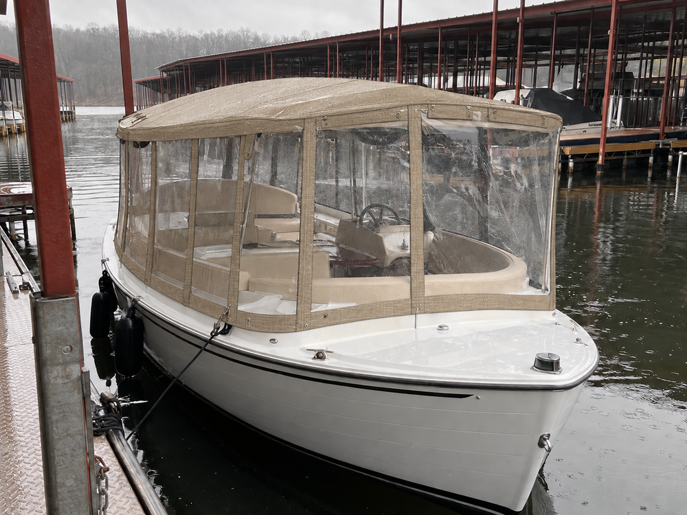 Duffy Clear Vinyl Enclosures in Sunbrella Silica Dune