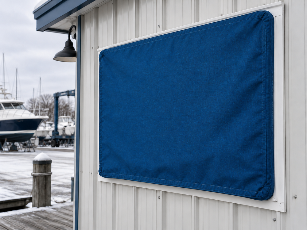 Window Covers in Sunbrella Royal Blue Tweed