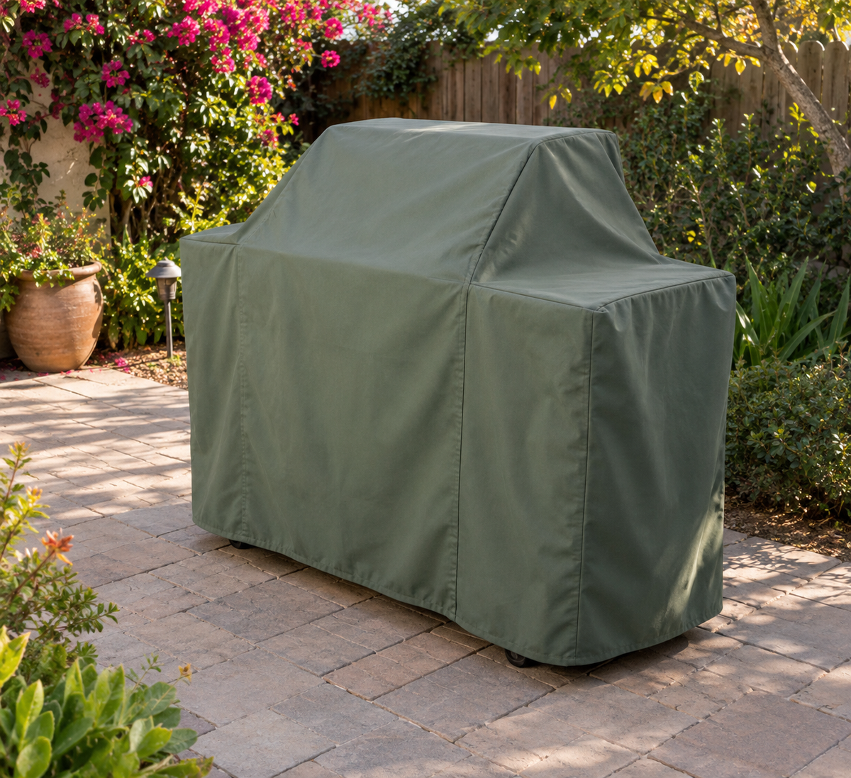 Basil example of a fitted cart-grill cover viewed from a garden patio