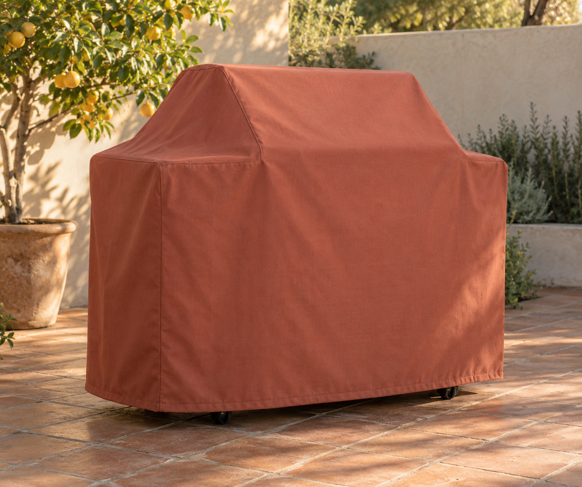 Terracotta example of a fitted cart-grill cover beside a citrus tree