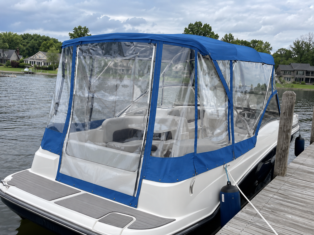 Boat Cockpit Clear Vinyl Enclosure in Sunbrella Hogan Marina