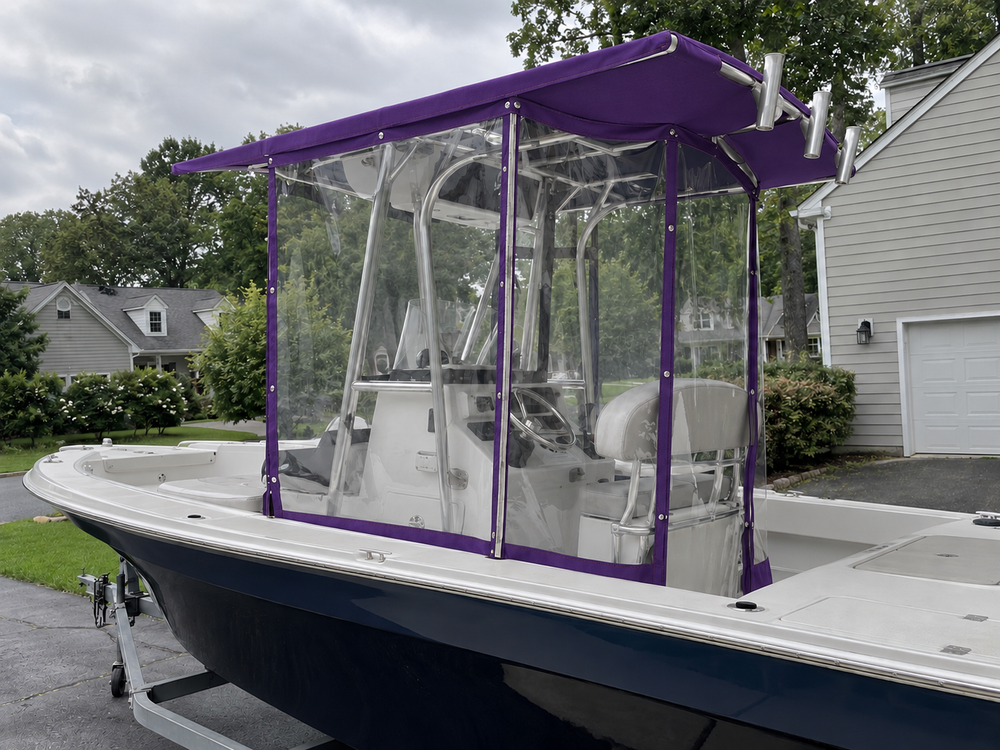 Center Console Clear Spray Curtains in Sunbrella Concord
