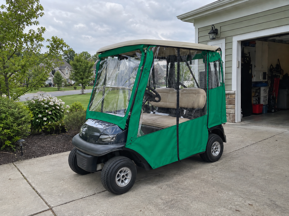 Golf Cart Clear Vinyl Enclosure in Sunbrella Erin Green