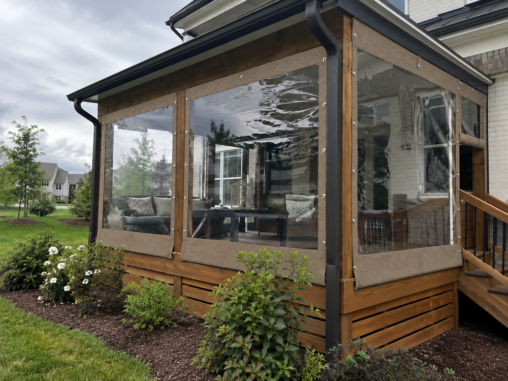 Porch & Patio Clear Vinyl Panels in Sunbrella Toast Tweed
