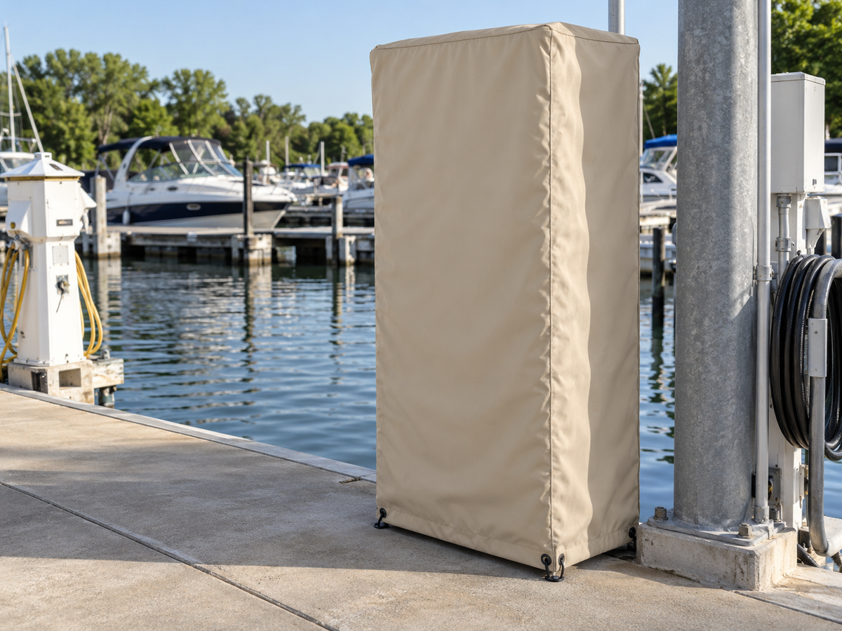 Tan fitted cover on a tall marina utility cabinet