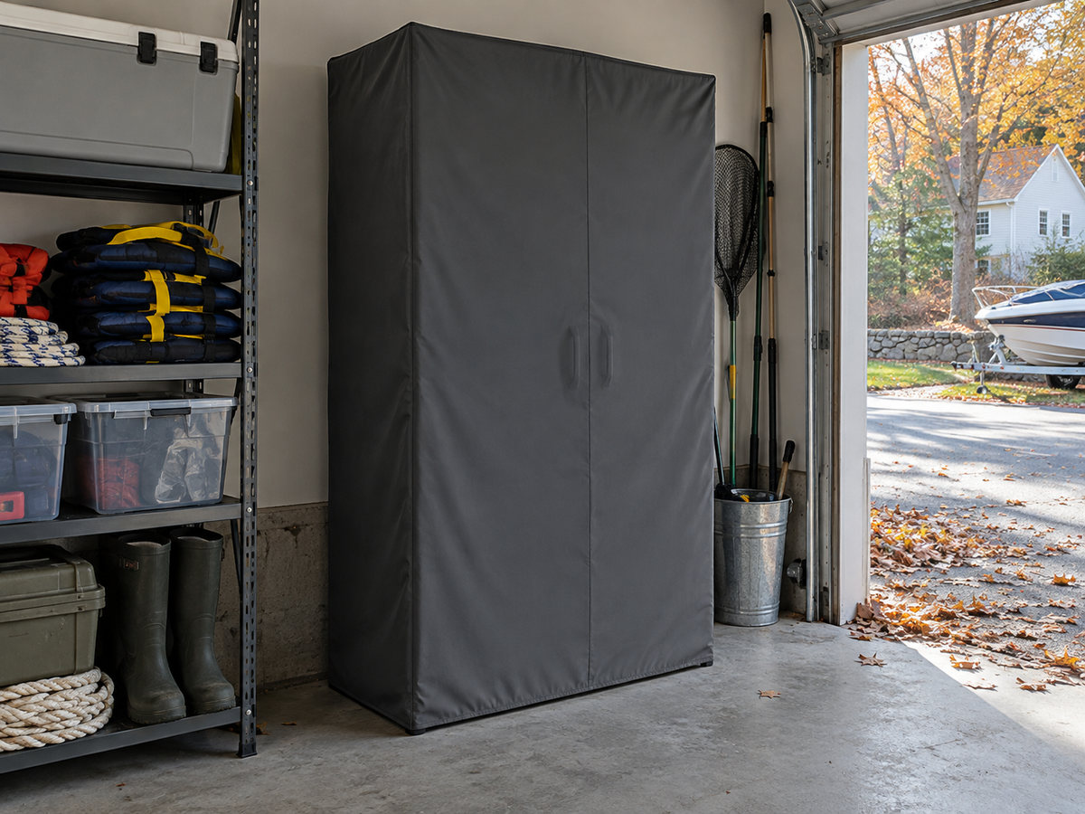 Black fitted cover on a tall outdoor storage cabinet in a garage
