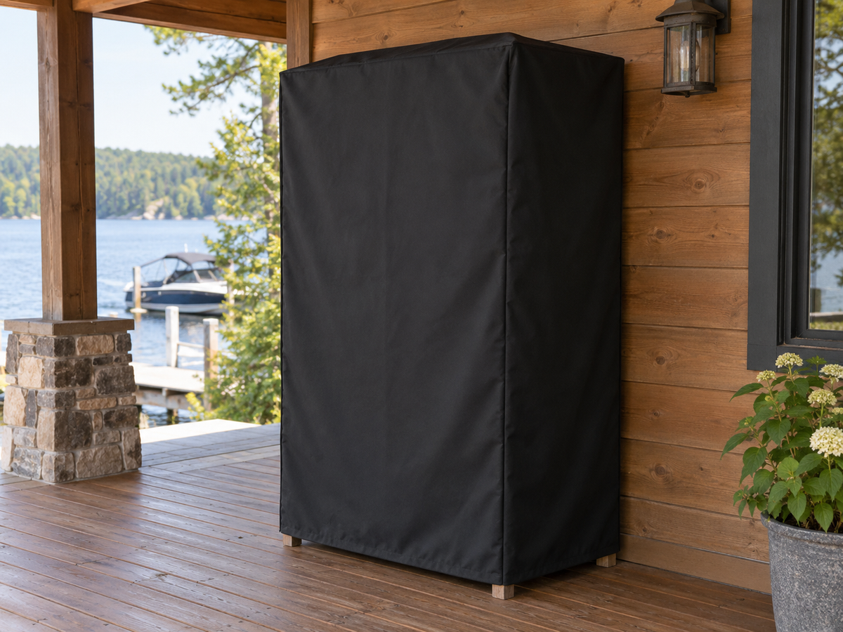 Black fitted cover on a tall outdoor cabinet on a covered porch