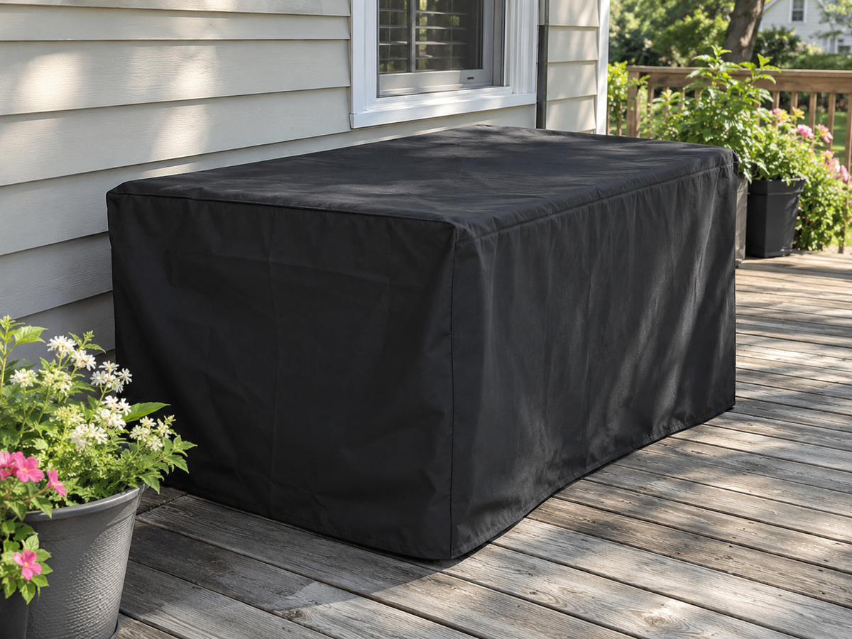 Black fabric cover fitted over a rectangular outdoor storage box on a wooden deck