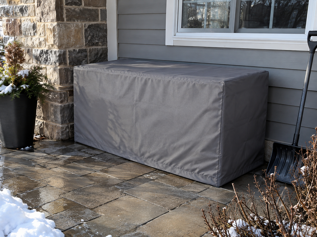 Gray fabric storage box cover beside a house in winter