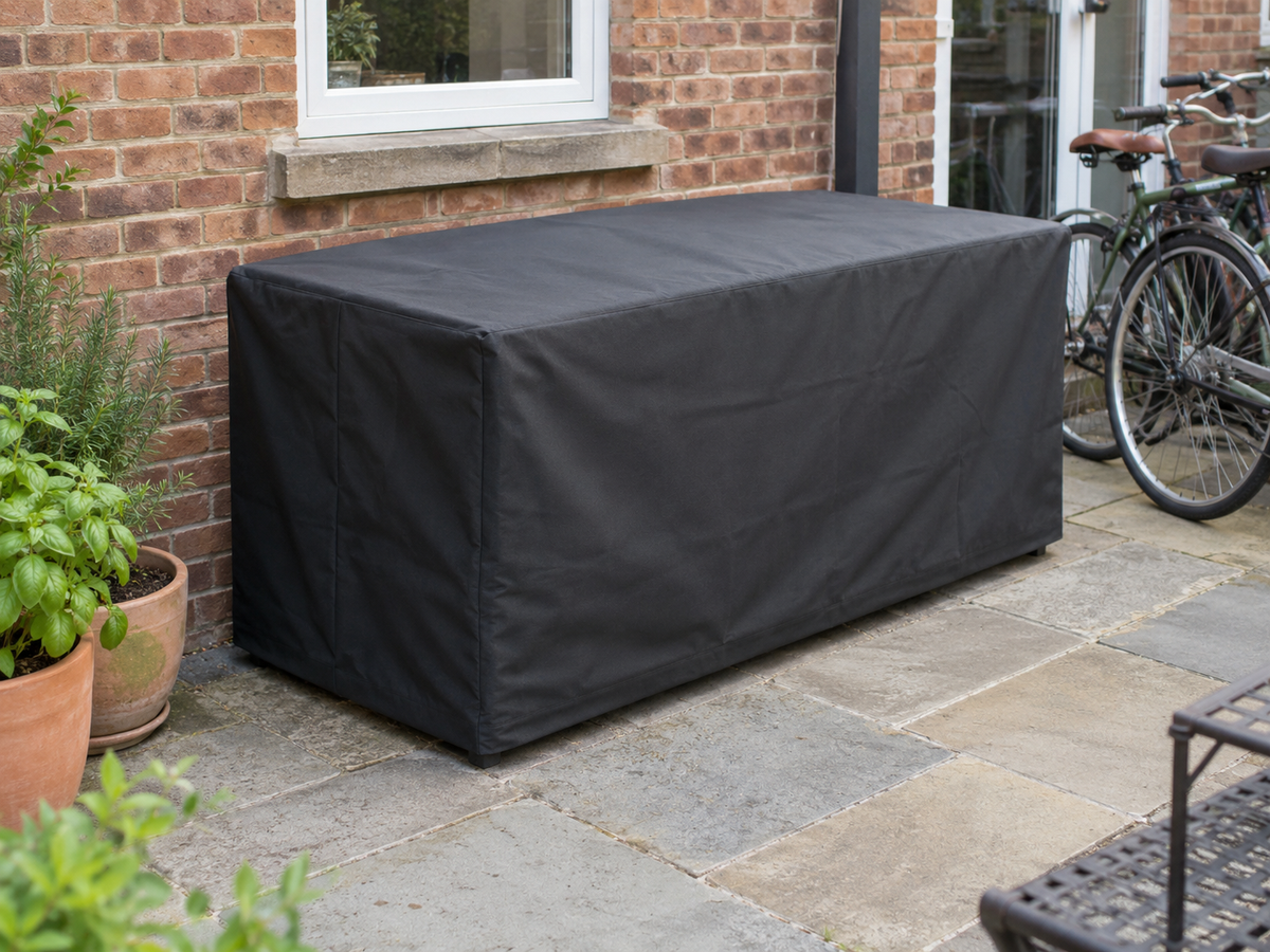 Dark fabric cover fitted over a patio storage box beside brick and potted plants