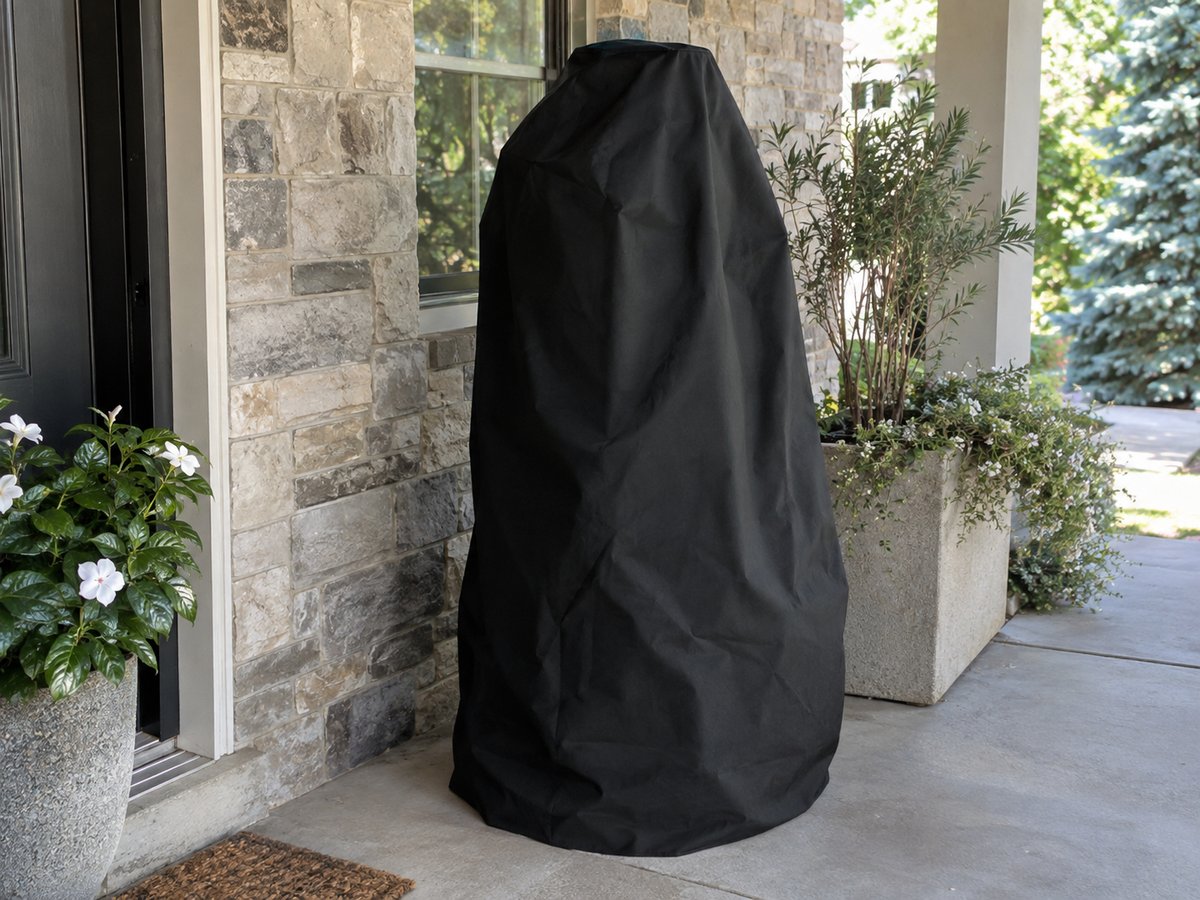 Black custom cover over a tall outdoor fountain on a paved patio