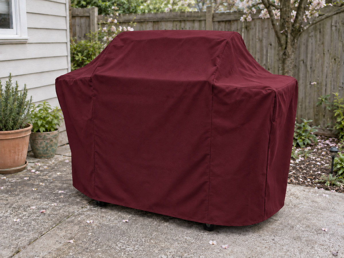 Burgundy fitted cover over a cart-style grill with its hood and side shelves covered
